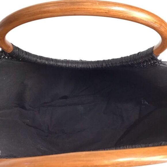 French Connection Black Crochet Tote Bag With Wooden Handles - Picture 8 of 10